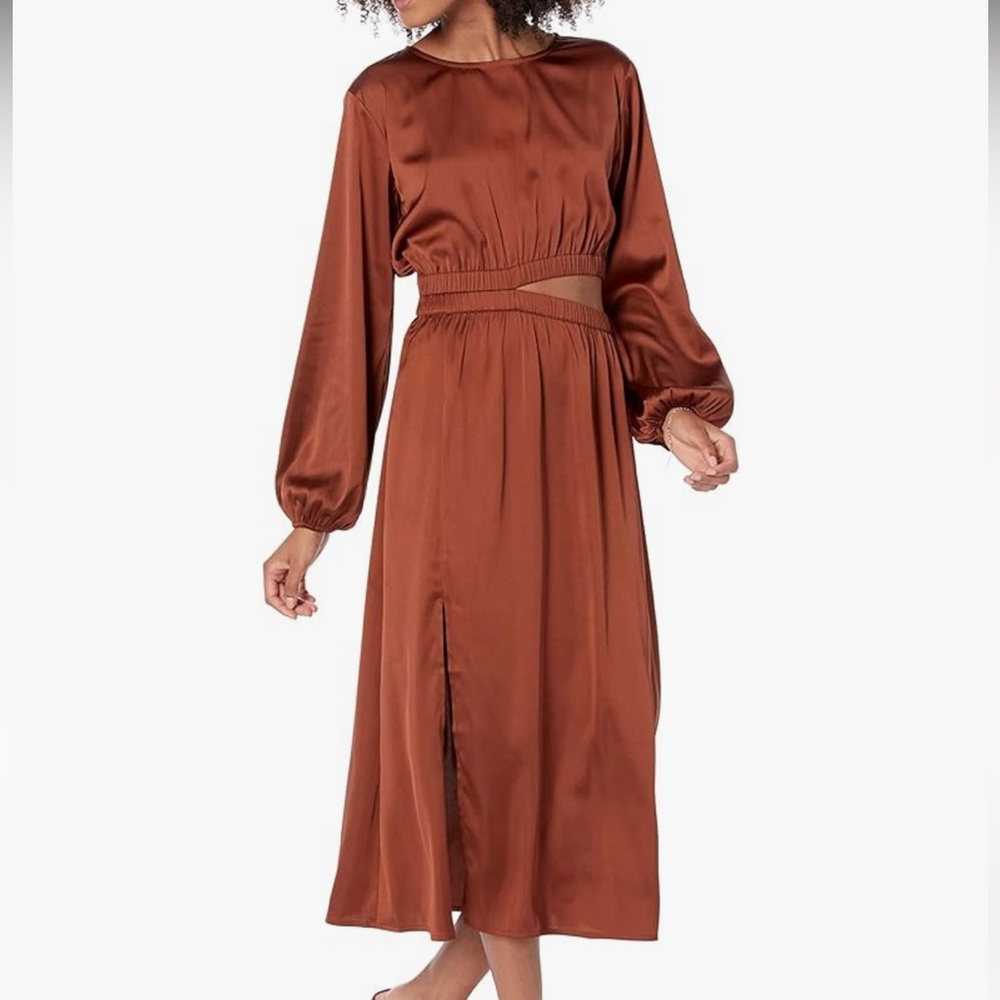 The Drop Womens Jacob Long Sleeve Cut Out Midi Dress brown satin medium slit
